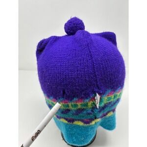 Vintage 90s Igloos Wool Knit Beanie Pom Pom Hat Purple Teal Geometric Fair Isle